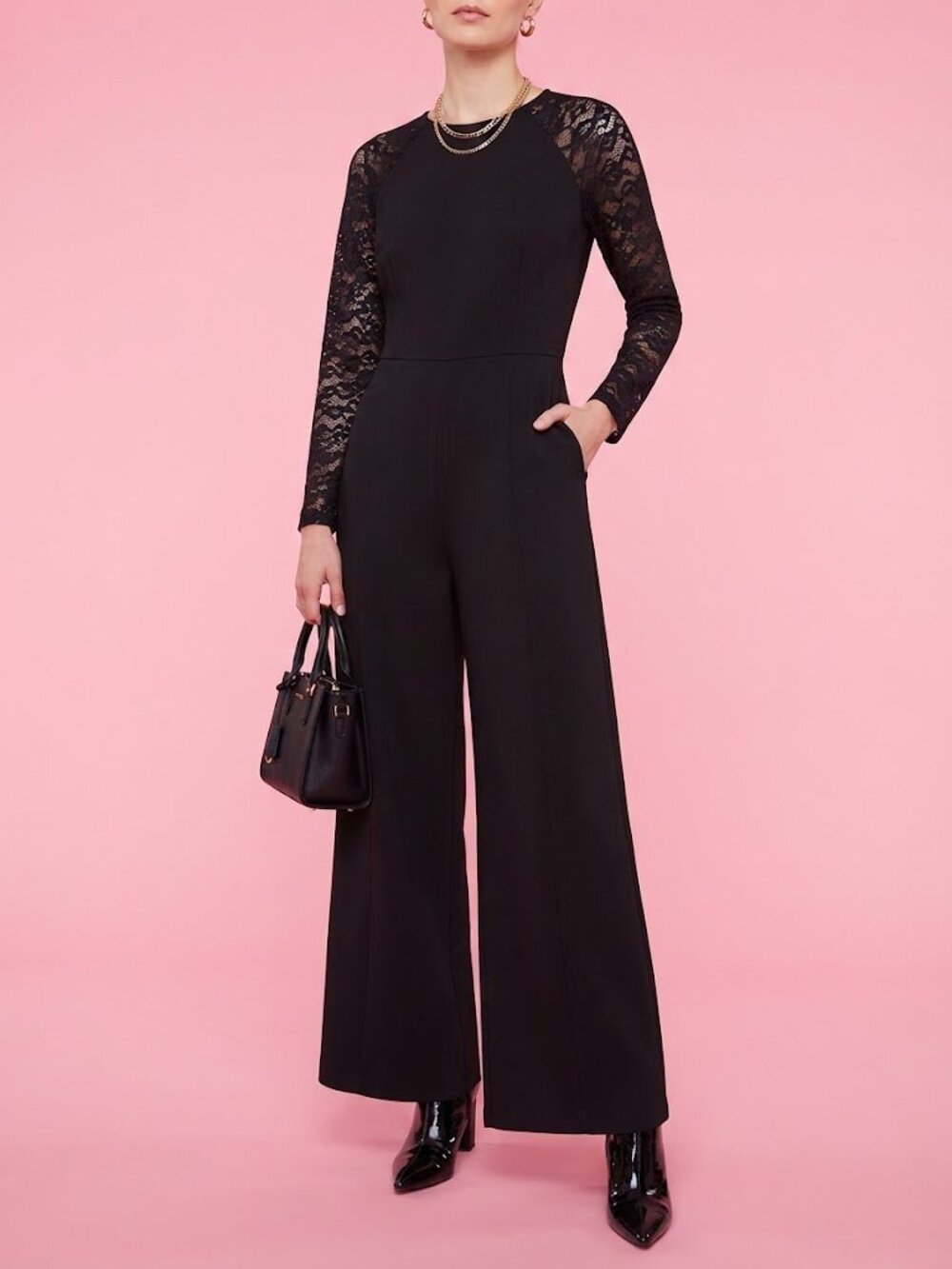 Tommy Hilfiger Black Lace-Sleeve Wide-Leg Jumpsuit